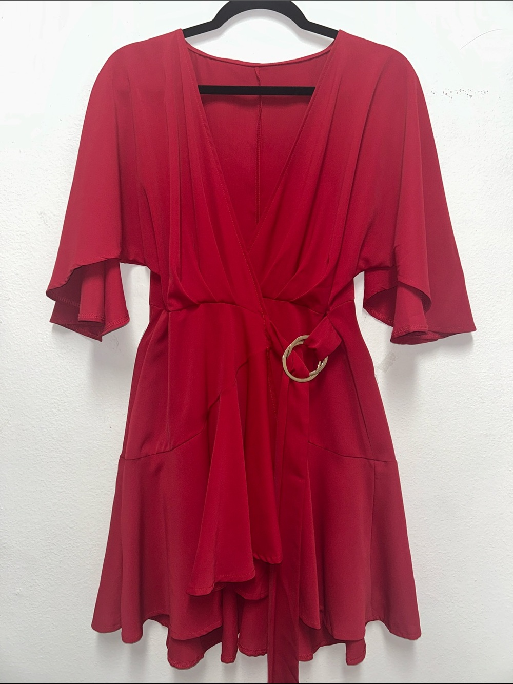 Women's Red Wrap Mini Dress with Decorative Ring Belt